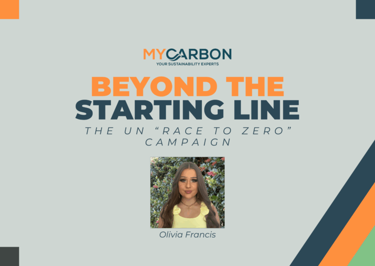 Sustainability campaign banner with text "Beyond the Starting Line" and a woman's photo.