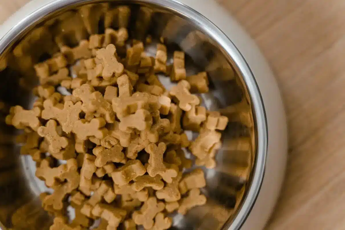 Small dog bone-shaped treats in a silver pet bowl on a wooden surface.