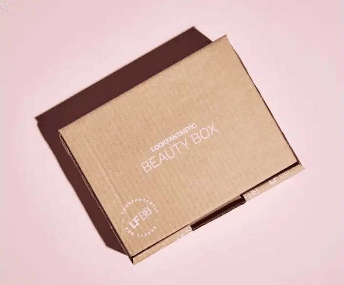 Look-Fantastic-Box A cardboard LookFantastic Beauty Box on a pink background.