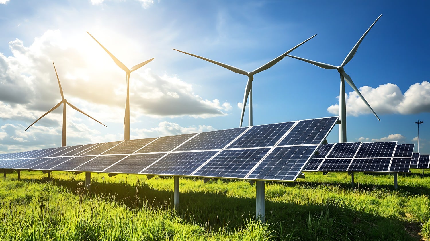 Renewable energy farm with wind turbines and solar panels under clear sunny skies Solar panels and wind turbines in a green field under a blue sky with clouds.
