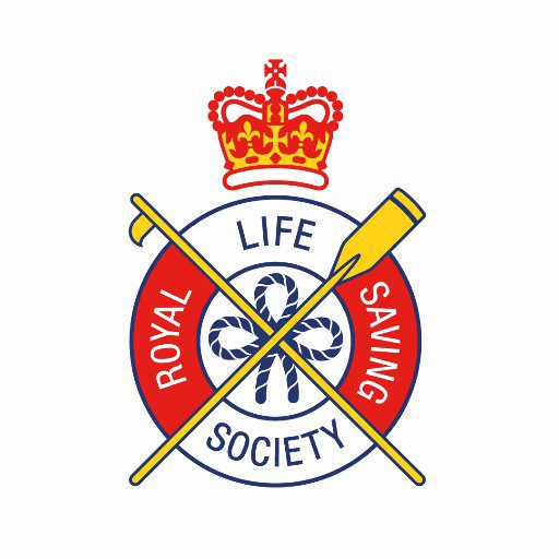 RLSS Royal Life Saving Society logo with a crown, lifebuoy, paddles, and rope.