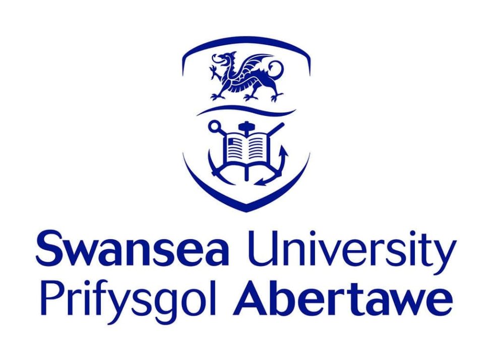Swansea Uni Swansea University logo with Welsh and English text and a blue crest.