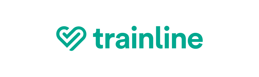 Trainline Trainline logo with a turquoise heart symbol and text on a transparent background.
